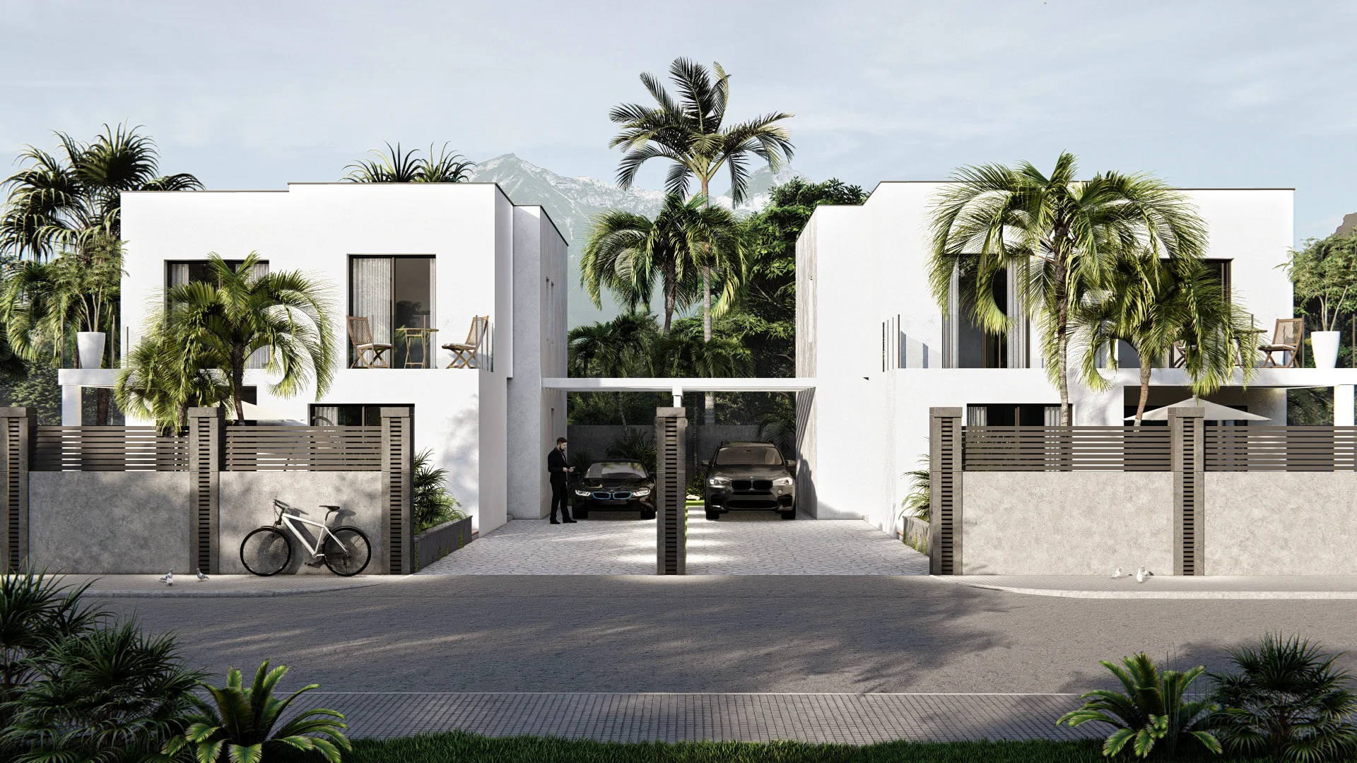 Visualización arquitectónica de viviendas contemporáneas con terrazas y palmeras
